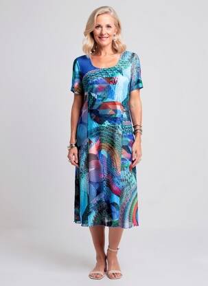 Rochie midi imprimeu fantezie mâneci scurte albastru GUY DUBOUIS femeie