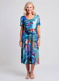 Rochie midi imprimeu fantezie mâneci scurte albastru GUY DUBOUIS femeie