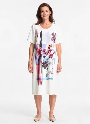 Rochie midi imprimeu fantezie mâneci scurte alb IMPULSION femeie