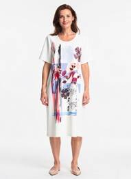 Rochie midi imprimeu fantezie mâneci scurte alb IMPULSION femeie