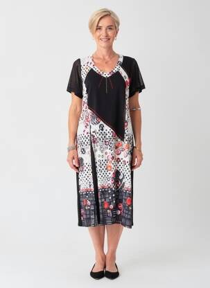 Rochie midi imprimeu fantezie mâneci scurte negru FRANCE RIVOIRE femeie