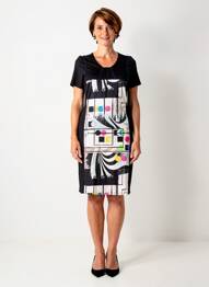 Rochie midi imprimeu fantezie mâneci scurte negru GUY DUBOUIS femeie