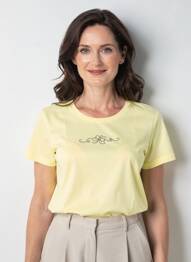 Tricou serigrafie cu strasuri mâneci scurte galben GEVANA femeie