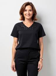 Tricou guler în v mâneci scurte negru GEVANA femeie