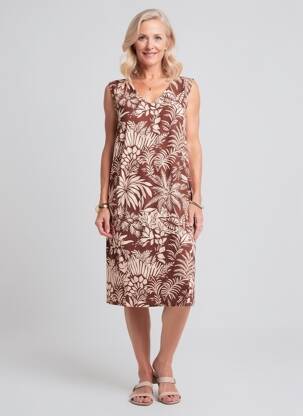 Rochie midi imprimeu floral fără mâneci maro GEVANA femeie