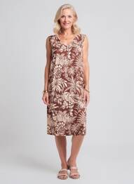 Rochie midi imprimeu floral fără mâneci maro GEVANA femeie