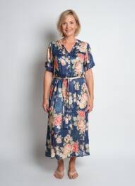 Rochie lungă imprimeu fantezie mâneci scurte albastru GEVANA femeie