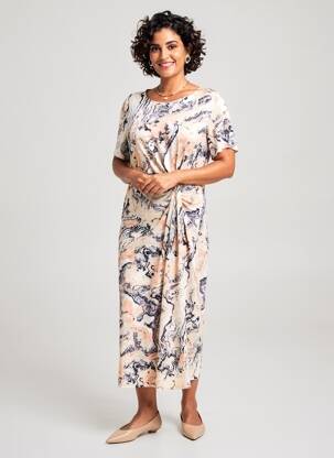 Rochie midi imprimeu fantezie mâneci scurte portocalie GEVANA femeie