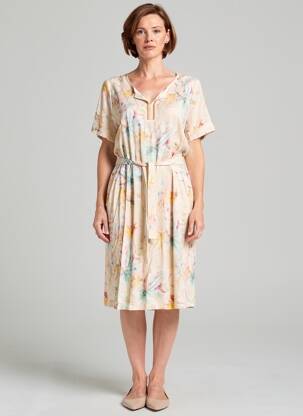 Rochie midi imprimeu fantezie mâneci scurte galben GEVANA femeie