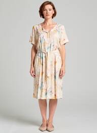 Rochie midi imprimeu fantezie mâneci scurte galben GEVANA femeie