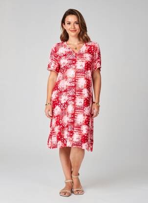 Rochie midi imprimeu fantezie mâneci scurte roșu GEVANA femeie