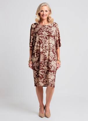 Rochie midi imprimeu fantezie mâneci scurte maro GEVANA femeie