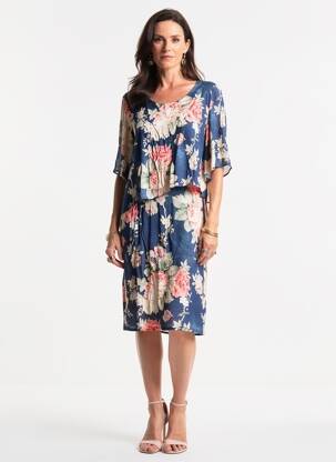 Rochie midi imprimeu fantezie mâneci scurte albastru GEVANA femeie