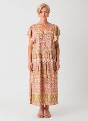 Rochie midi croială fluidă mâneci scurte bej GEVANA femeie
