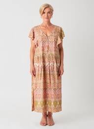 Rochie midi croială fluidă mâneci scurte bej GEVANA femeie