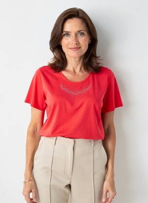 Tricou serigrafie cu strasuri mâneci scurte roșu GEVANA femeie