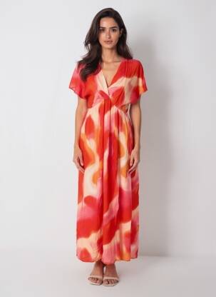 Rochie lungă imprimeu fantezie mâneci scurte roșu VERO MODA femeie