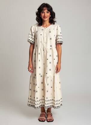 Rochie midi imprimeu fantezie mâneci scurte bej RUE MAZARINE femeie