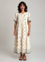 Rochie midi imprimeu fantezie mâneci scurte bej RUE MAZARINE femeie