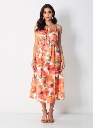 Rochie midi imprimeu floral bretele subțiri portocalie VERO MODA femeie