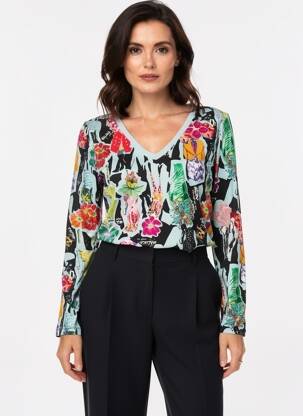 Tricou imprimeu fantezie mâneci lungi albastru MALOKA femeie