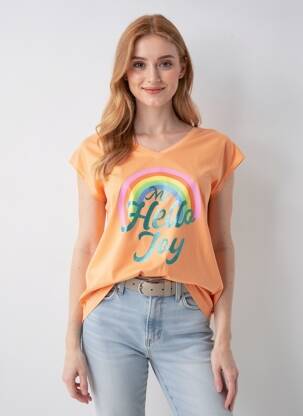 Tricou croială dreaptă mâneci scurte portocalie MY HELLO JOY femeie