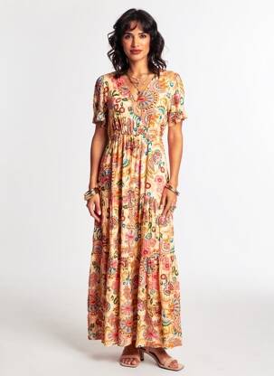 Rochie lungă mâneci scurte mâneci scurte bej C'EST BEAU LA VIE femeie