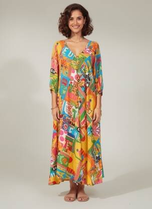 Rochie lungă țesătură poplin mâneci lungi galben ORIENTIQUE NATURALLY femeie