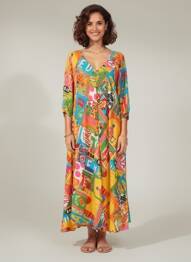 Rochie lungă imprimeu fantezie mâneci lungi galben ORIENTIQUE NATURALLY femeie