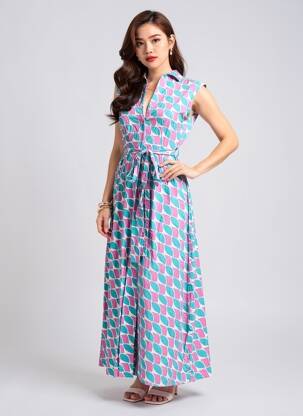 Rochie lungă imprimeu fantezie mâneci scurte albastru COMPAÑIA FANTASTICA femeie