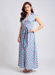 Rochie lungă imprimeu fantezie mâneci scurte albastru COMPAÑIA FANTASTICA femeie