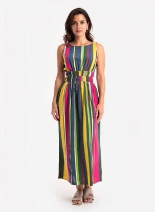 Rochie lungă țesătură crep fără mâneci galben MONOPRIX femeie