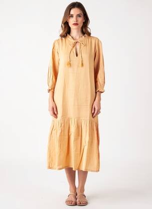 Rochie midi mâneci 3/4 mâneci 3/4 bej LES PETITS DORÉS femeie