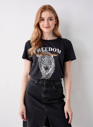 Tricou serigrafie flockată mâneci scurte negru VERO MODA femeie