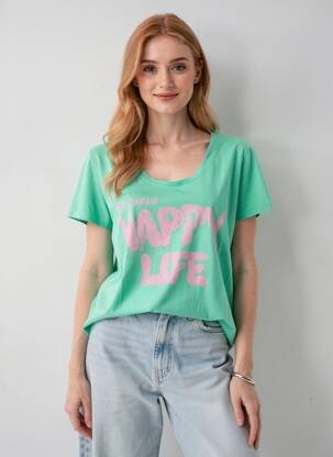 Tricou serigrafie flockată mâneci scurte verde HAPPY femeie