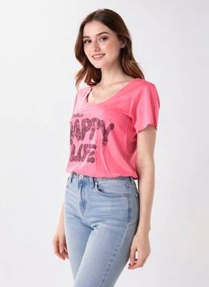 Tricou serigrafie flockată mâneci scurte roz HAPPY femeie