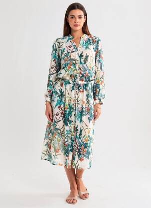 Rochie midi imprimeu floral mâneci lungi verde B.YOUNG femeie