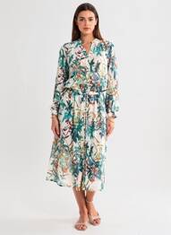 Rochie midi imprimeu floral mâneci lungi verde B.YOUNG femeie