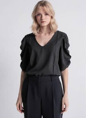 Top țesătură crep mâneci 3/4 negru ICHI femeie