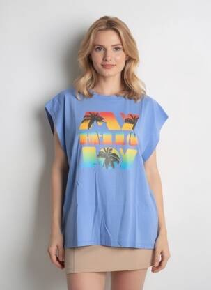 Tricou serigrafie flockată mâneci scurte albastru MY HELLO JOY femeie
