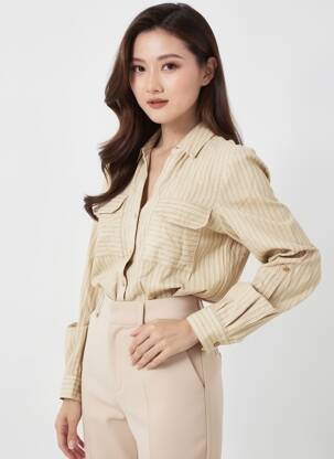 Cămașă țesătură poplin mâneci lungi bej VERO MODA femeie