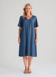Rochie midi închidere cu fermoar la spate mâneci scurte albastru GEVANA femeie