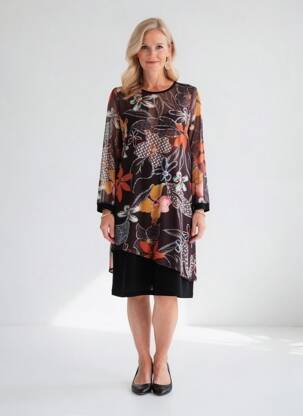 Rochie midi imprimeu fantezie mâneci lungi maro GUY DUBOUIS femeie