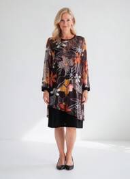 Rochie midi imprimeu fantezie mâneci lungi maro GUY DUBOUIS femeie