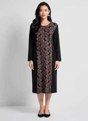 Rochie midi imprimeu fantezie mâneci lungi negru GEVANA femeie