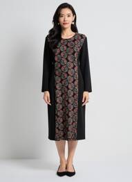 Rochie midi imprimeu fantezie mâneci lungi negru GEVANA femeie