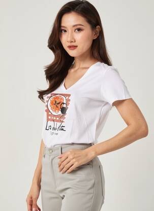 Tricou guler în v mâneci scurte alb PLEASE femeie