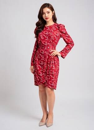 Rochie midi imprimeu fantezie mâneci lungi roșu SUNCOO femeie