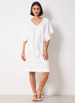 Rochie midi țesătură crep mâneci scurte alb SUNCOO femeie