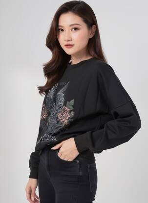 Hanorac elasticitate mâneci lungi negru ROSE GARDEN femeie